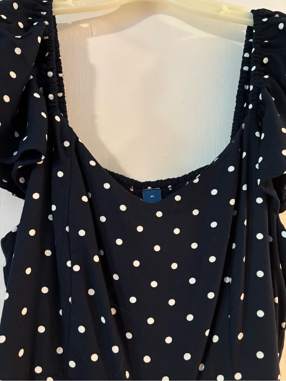 Navy Polka Dot Peasant Blouse - White Dot Detail